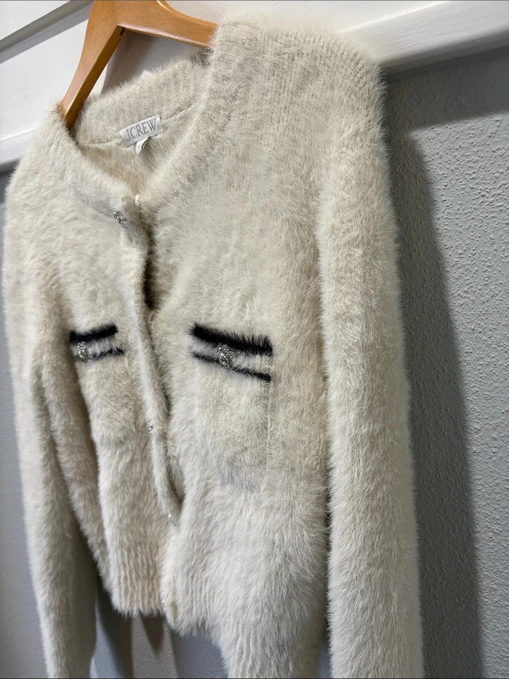 J. Crew Cream Fuzzy Button-Front Cardigan with Black Trim
